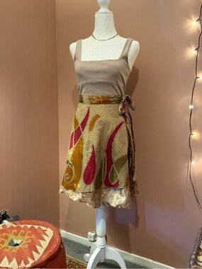Source Unknown Beige Tank with Mustard, Pink & Olive Abstract Wrap Mini Skirt